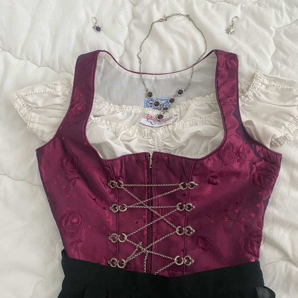 Black and Purple Dirndl Set with Earrings and Necklace